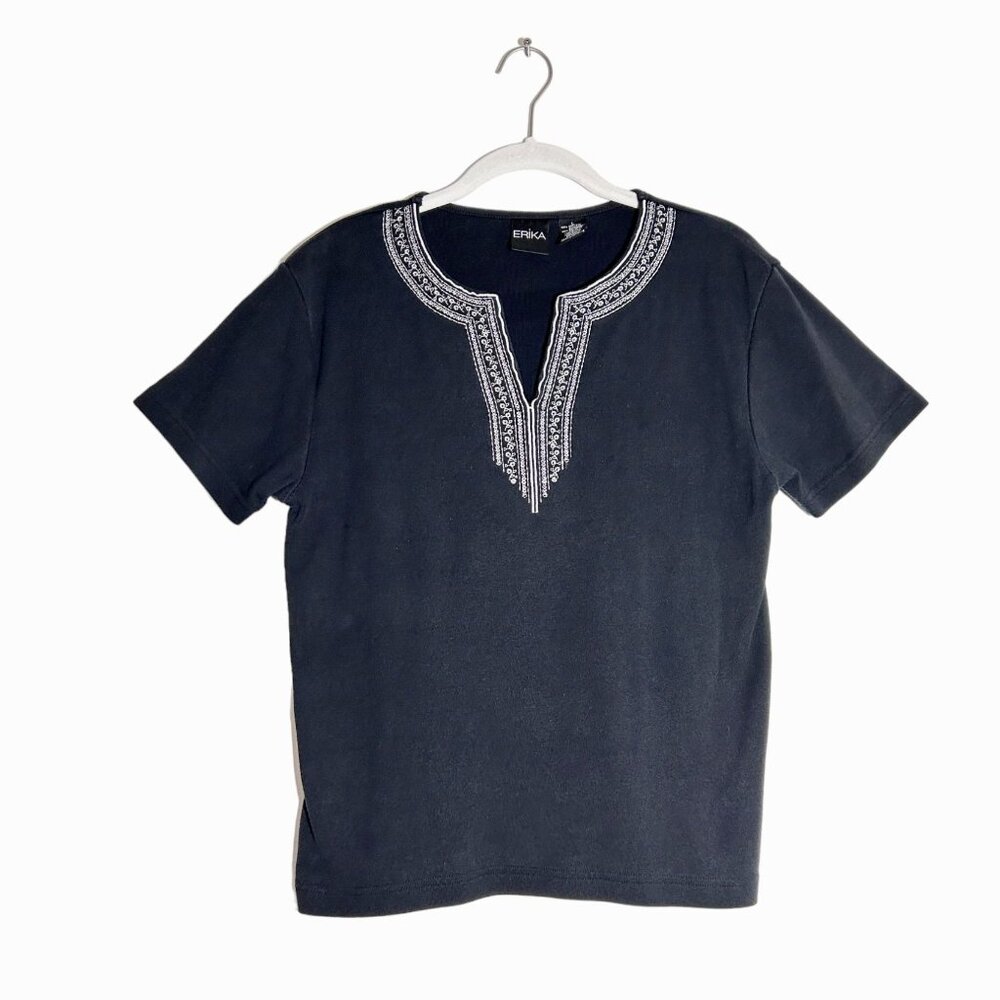 Erika Women's Short Sleeve Embroidered Neckline Top in Black - Size L